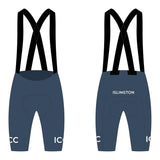 Islington CC race bib shorts, Secret Blue, front and back